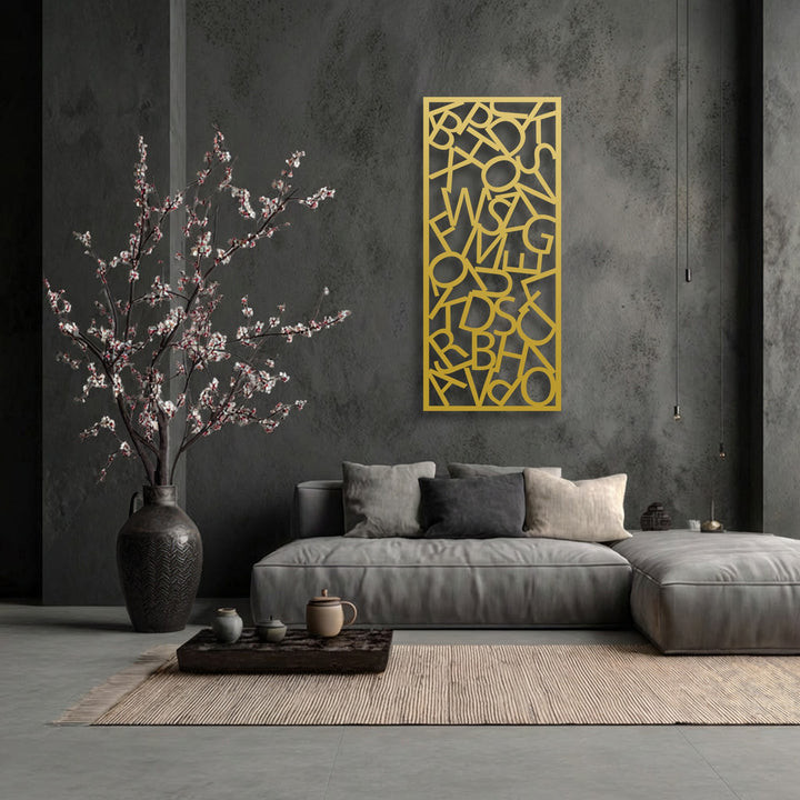 A sophisticated and contemplative mood fills the modern space, highlighted by the striking abstract typography metal artwork.