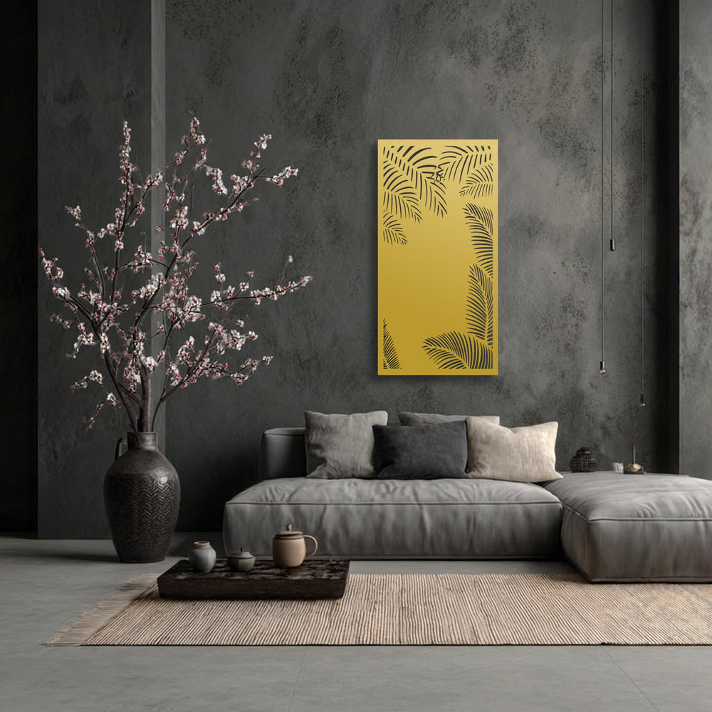 A striking tropical palm silhouette metal decoration wall art piece, featuring minimalist botanical designs in metallic gold, dominates a dark gray living room.
