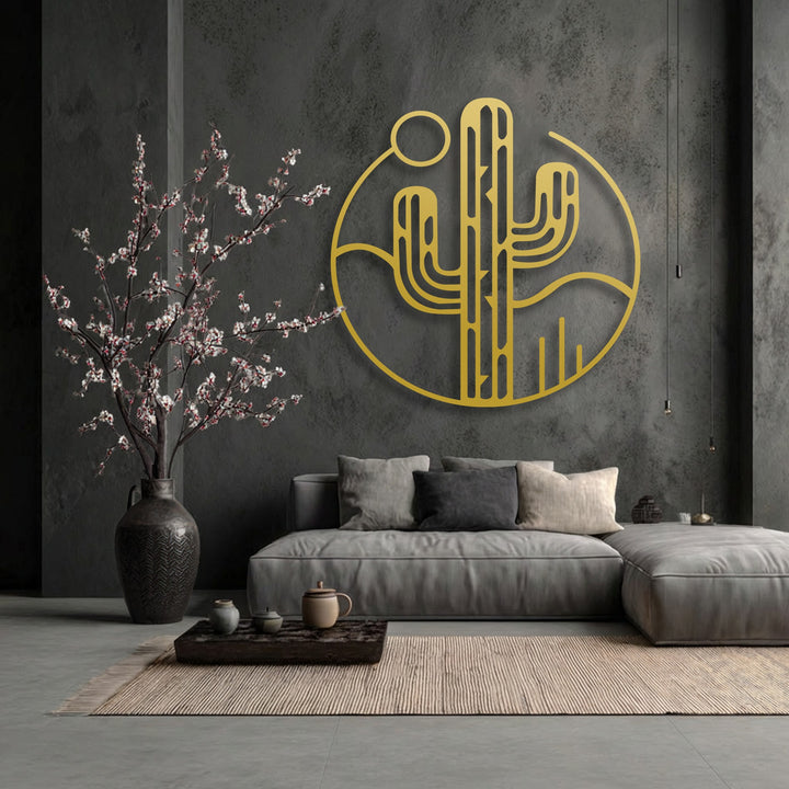 The organic forms of the golden minimal desert cactus metal wall decor create a modern southwest landscape accent on a dark wall.