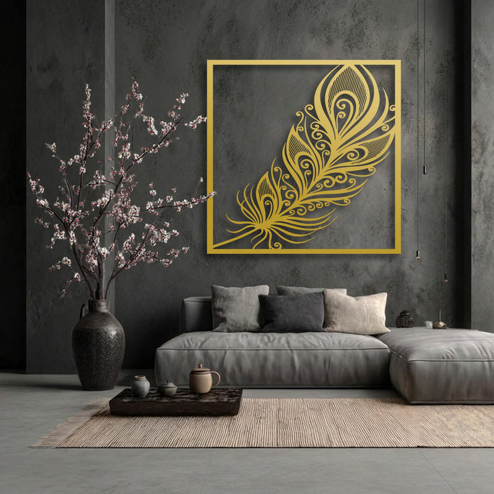 The geometric elements of the ornate feather metal artwork feature intricate swirls and linear patterns, creating an elegant plume decor.