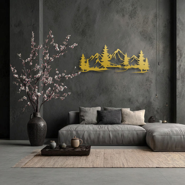 Stillness emanates from a modern living room featuring a striking golden unique metal wall art depicting a serene mountain forest landscape.