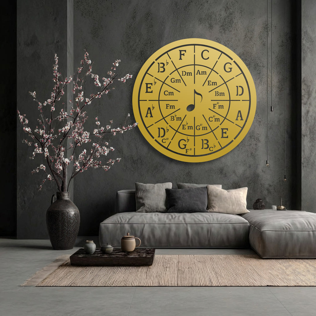 Delicate flowering branches, an organic contrast to the bold Circle of Fifths metal artwork, elegantly adorn a dark, textured wall.