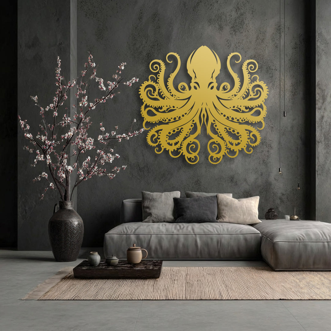 Negative space highlights the vibrant golden unique metal wall art of an octopus with intricate tentacles against a deep charcoal wall.