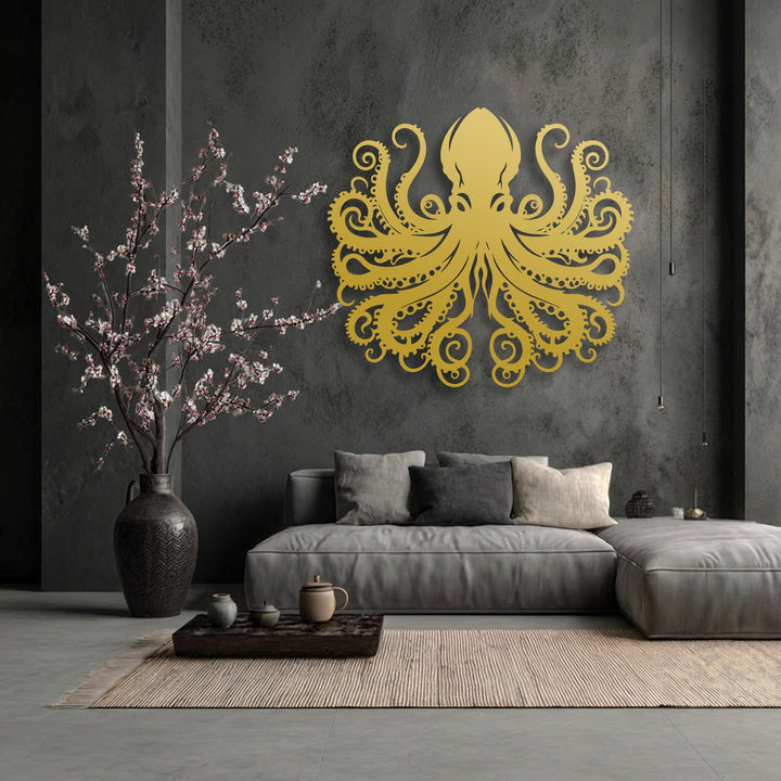 Negative space highlights the vibrant golden unique metal wall art of an octopus with intricate tentacles against a deep charcoal wall.