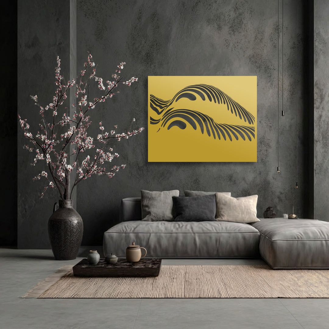 The realistic detail showcases an abstract metal artwork with black flowing patterns against a golden-yellow gradient, mounted on a dark textured wall.