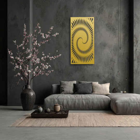 A golden geometric spiral metal wall decor forms a hypnotic optical illusion as the central subject.