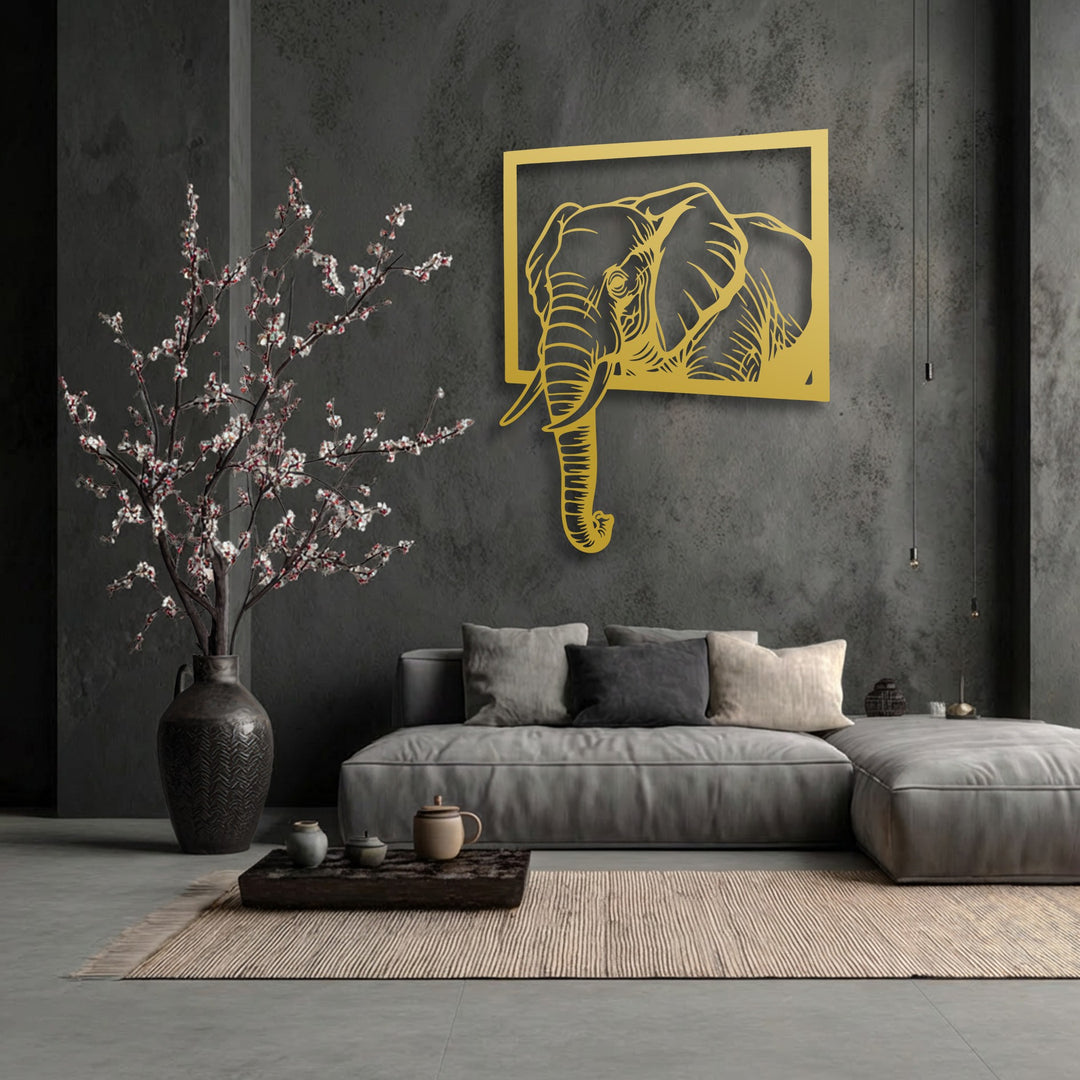 The visual rhythm of the emerging elephant unique metal wall art perfectly complements the sweeping lines of the blooming branches and textured rug.