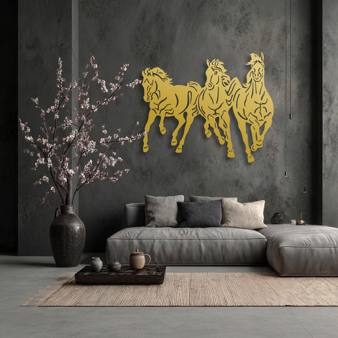 A powerful visual rhythm is evoked by the three golden galloping horses in this dynamic animal decoration wall art.