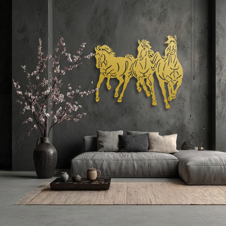 A powerful visual rhythm is evoked by the three golden galloping horses in this dynamic animal decoration wall art.