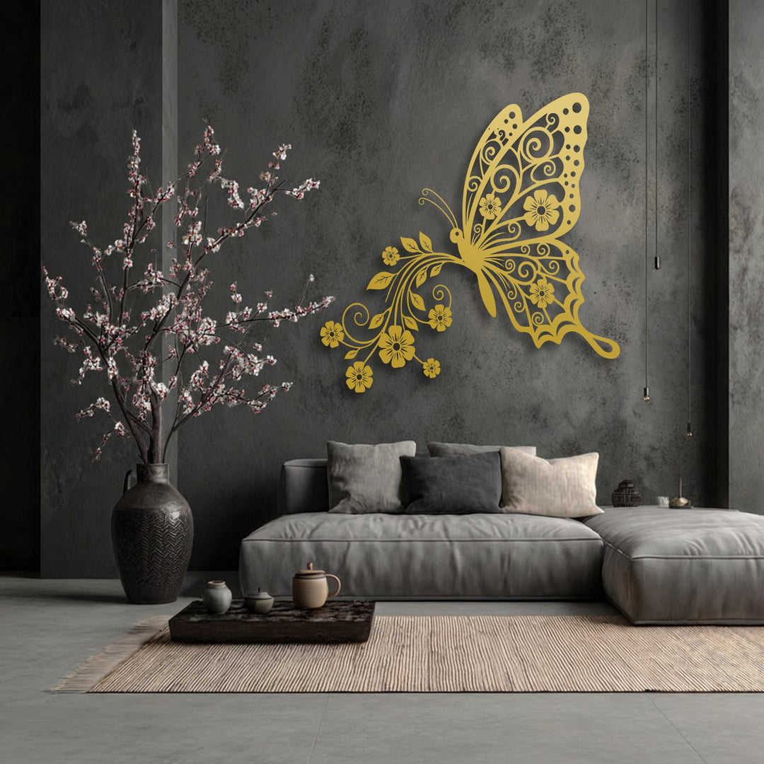 Charcoal gray interior with a striking golden butterfly decoration wall art featuring intricate floral wings.