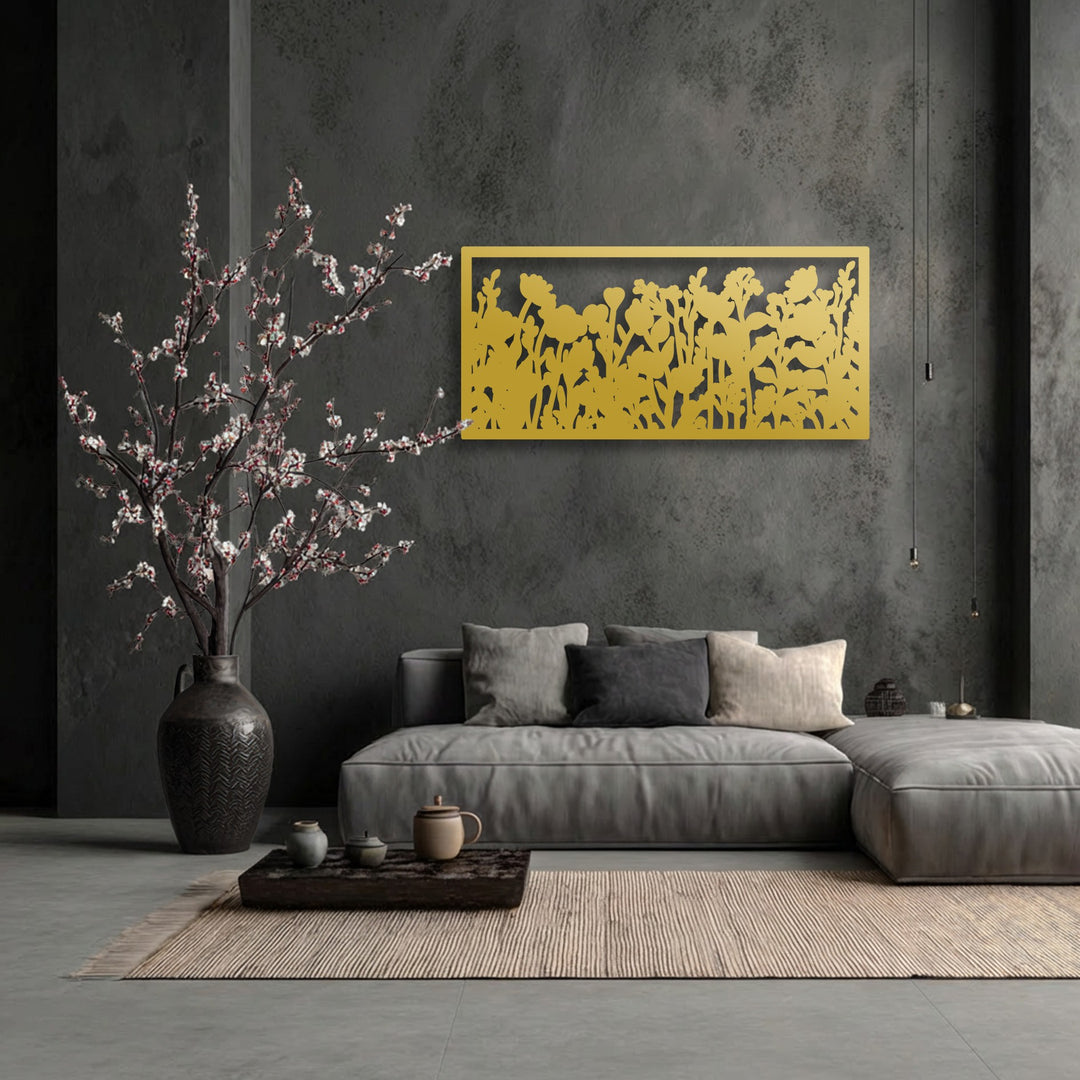 Plush grey sofa and soft pillows complementing the striped rug and botanical unique metal wall art.