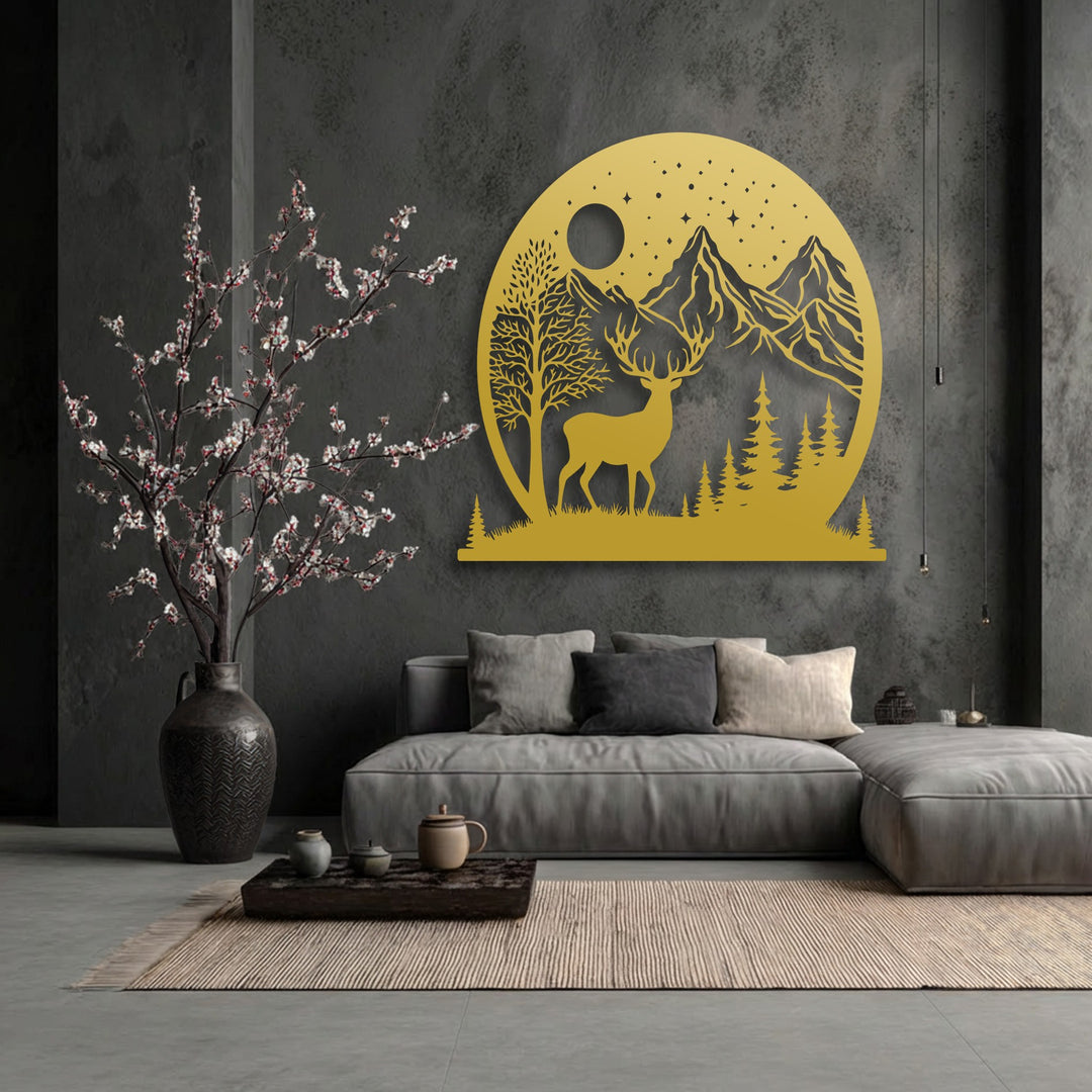A harmonious visual rhythm is established by the unique metal wall art, depicting a moonlit deer and mountains, complemented by blooming branches.