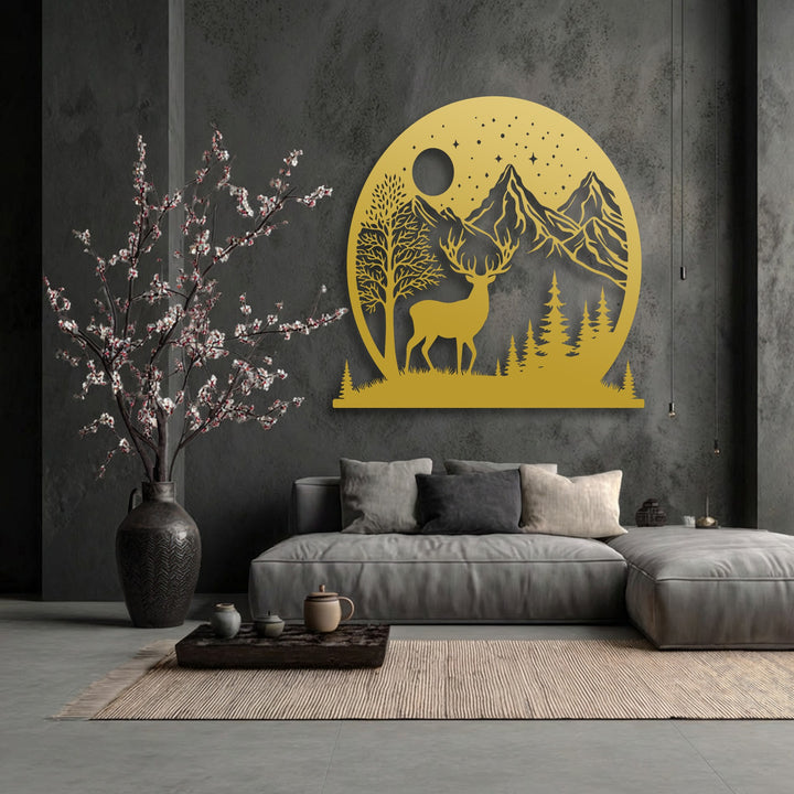 A harmonious visual rhythm is established by the unique metal wall art, depicting a moonlit deer and mountains, complemented by blooming branches.