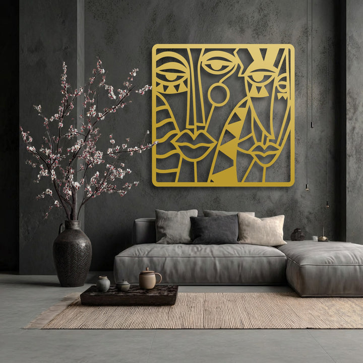 This abstract cubist metal wall decor features a luxurious matte gold finish, adding modern elegance to the room.