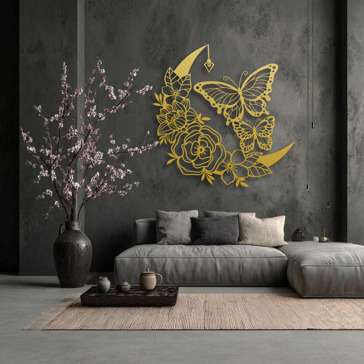 The focal point of this stylish room is the stunning golden moonlit bloom butterflies metal wall decor, featuring delicate floral crescent accents.