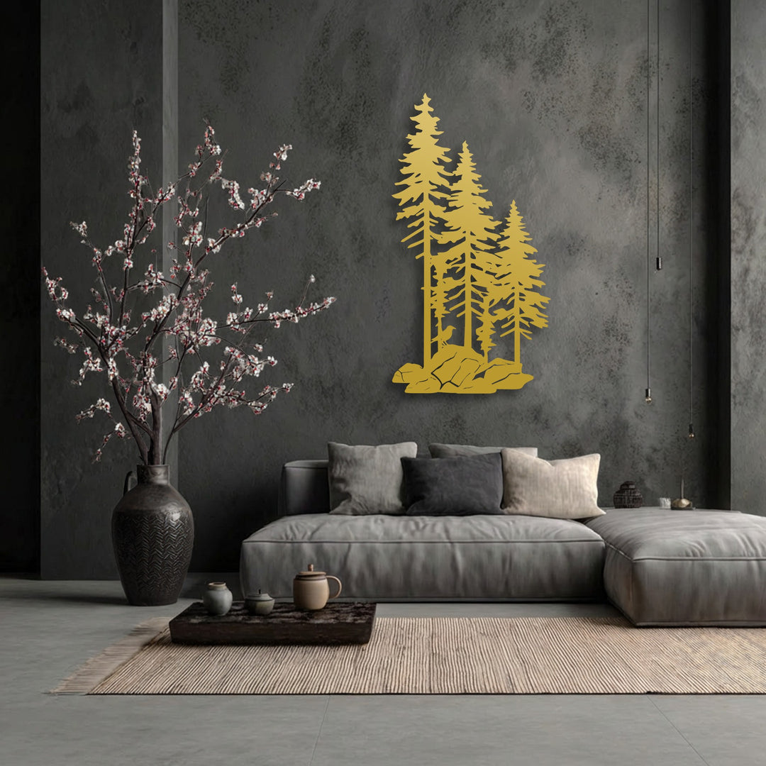 The stylized metal pine forest silhouette suggests a gentle wind, adding a flowing sense of movement as charming decoration wall art.