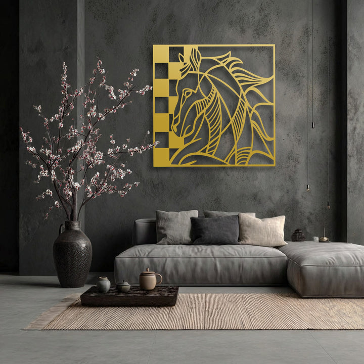 Striking geometric elements precisely delineate a horse head, fashioned into elegant golden metal artwork against a dark, textured backdrop.