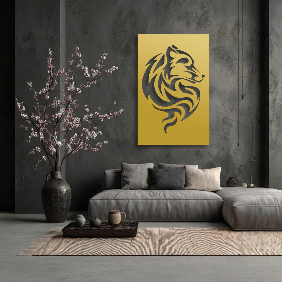 The luminous golden finish of the tribal wolf swirl decorative metal art highlights its striking abstract animal power decor.