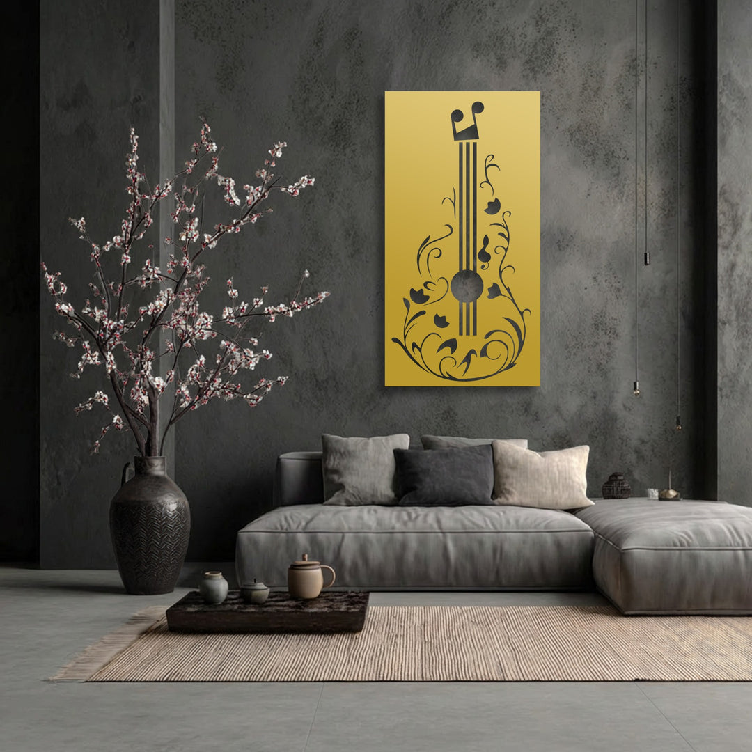 Charcoal grey hues define this modern living space, highlighted by an elegant golden yellow floral guitar decorative metal art piece.