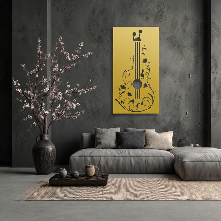 Charcoal grey hues define this modern living space, highlighted by an elegant golden yellow floral guitar decorative metal art piece.