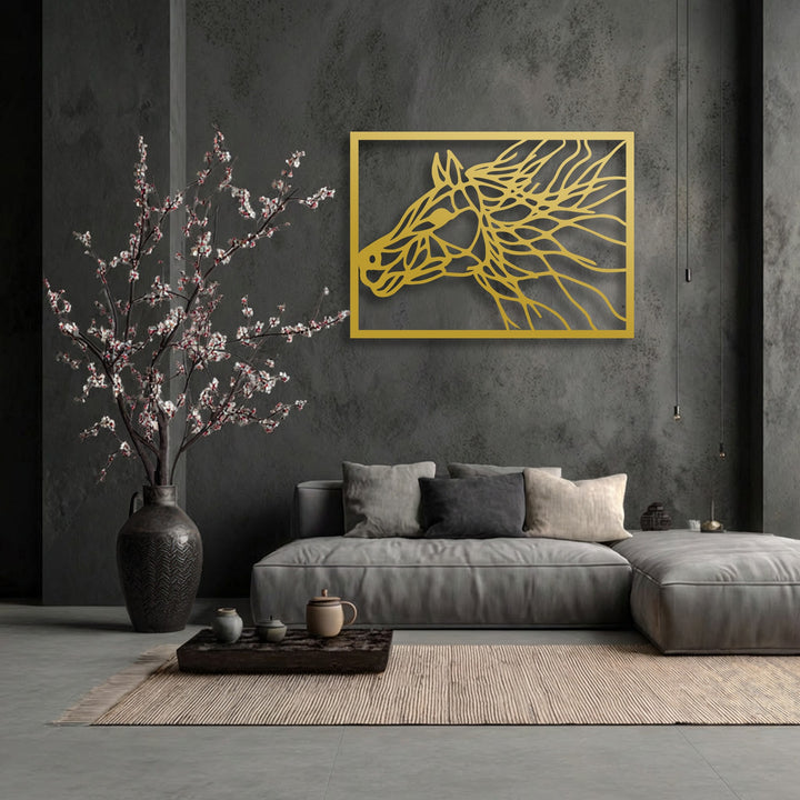 A strong color contrast emphasizes the golden unique metal wall art, an abstract horse portrait, against the dark textured wall.