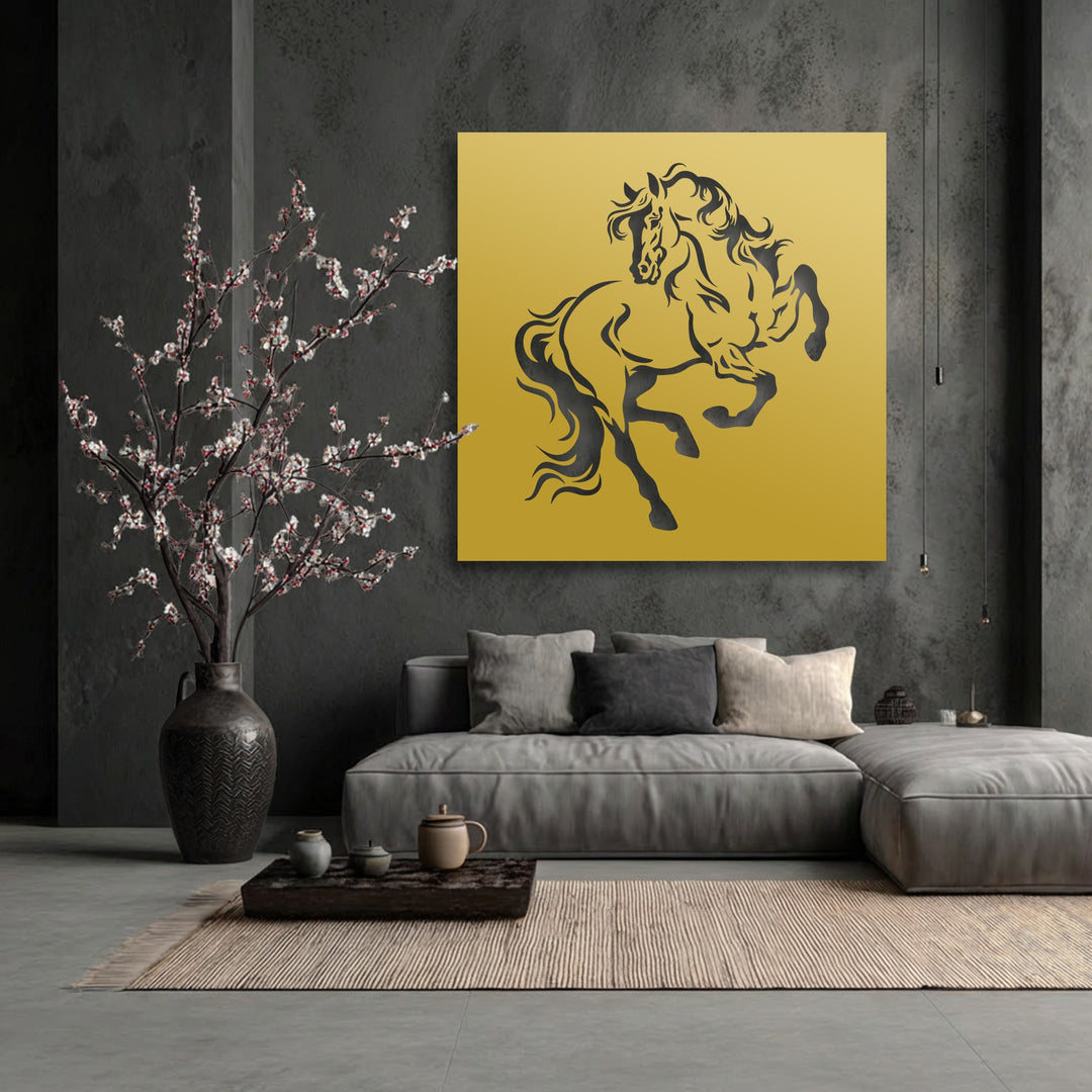 The focal point is a vibrant rearing horse silhouette, a striking piece of metal art for wall, enhancing a modern, dark-toned interior.