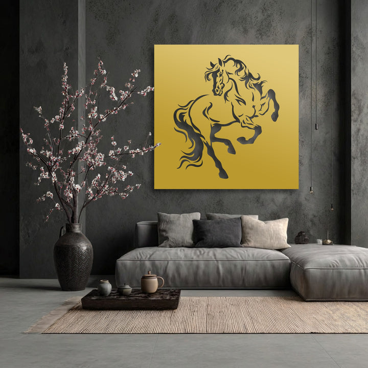 The focal point is a vibrant rearing horse silhouette, a striking piece of metal art for wall, enhancing a modern, dark-toned interior.
