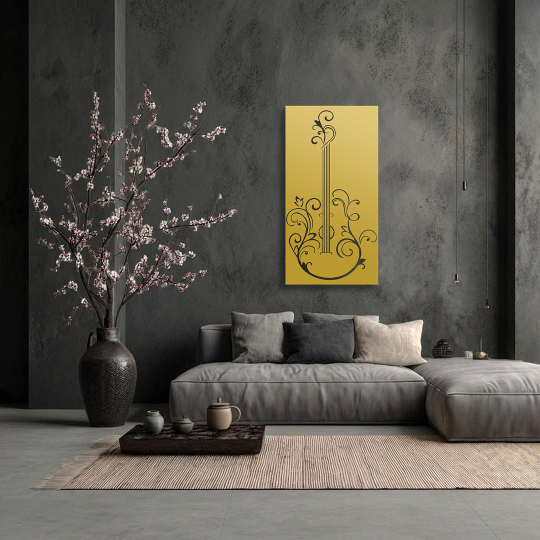 Predominantly cool tones define this interior, highlighting an elegant guitar silhouette metal art for wall piece in a warm, inviting gold hue.