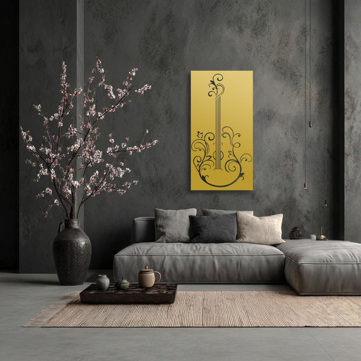 Predominantly cool tones define this interior, highlighting an elegant guitar silhouette metal art for wall piece in a warm, inviting gold hue.