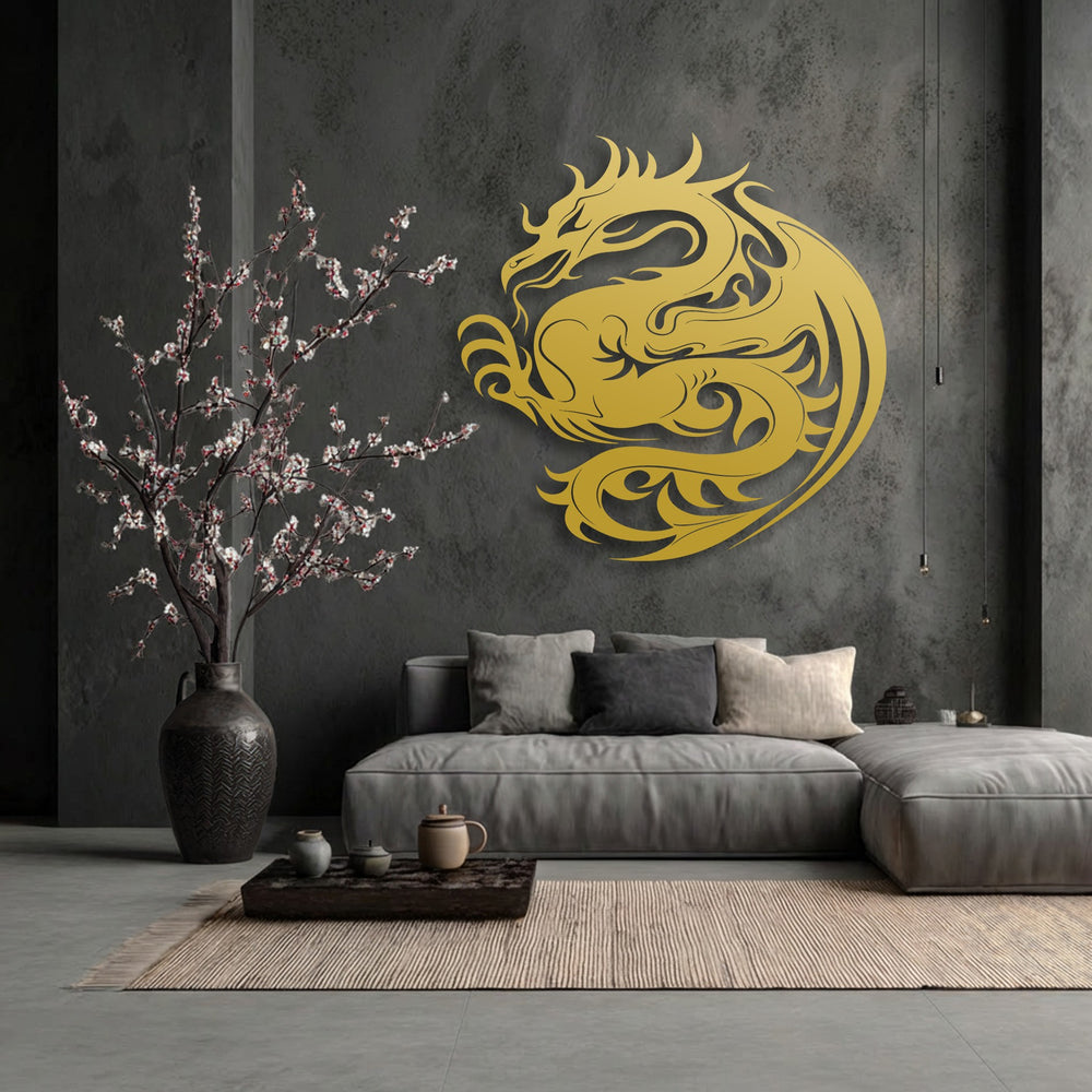 A vibrant golden, intricate mythical dragon in a striking circular design is the unique metal wall art centerpiece on a dark wall.