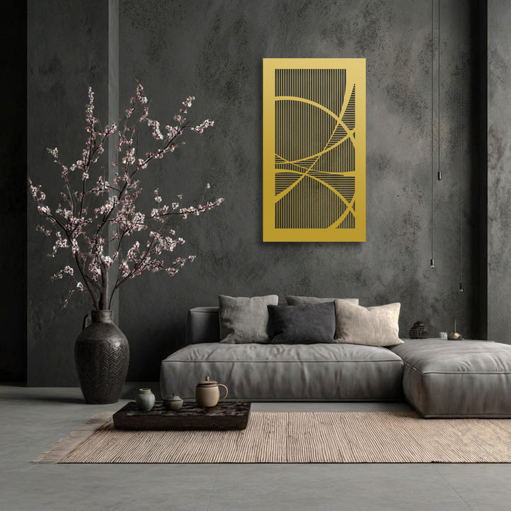 The crisp, defined borders of the rectangular gold geometric abstract metal wall decor highlight its intricate vertical lines and sweeping curves.