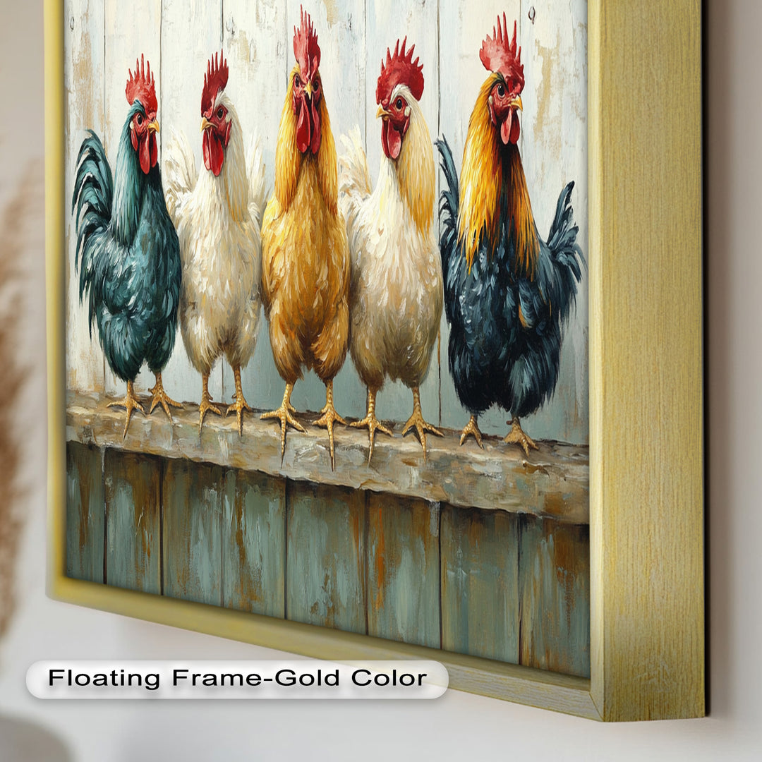 Colorful Roosters on a Wooden Fence – Animal Oil Painting