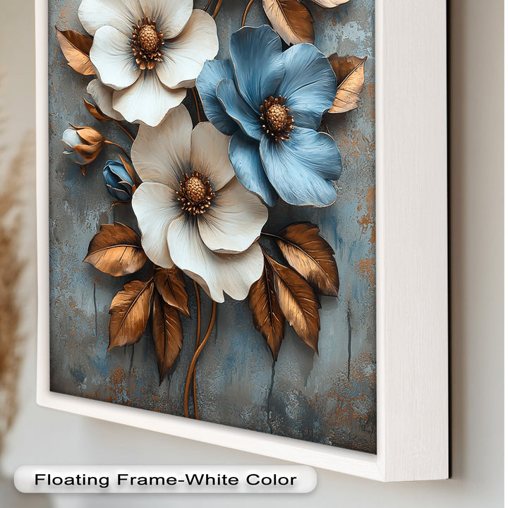 Gilded Petals – Luxuriöses Ölgemälde mit weißen und blauen Blumen