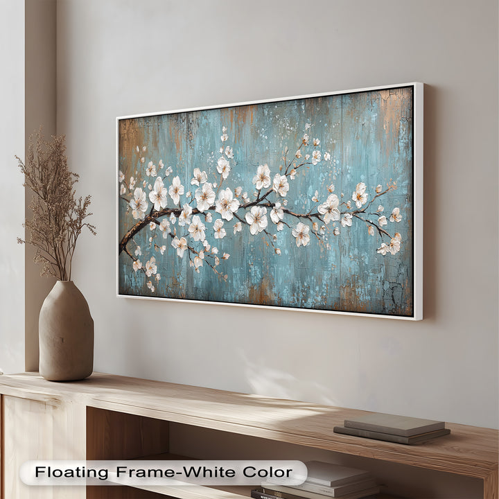 White Blossoms on Blue Textured Branch - Flower Oil Painting