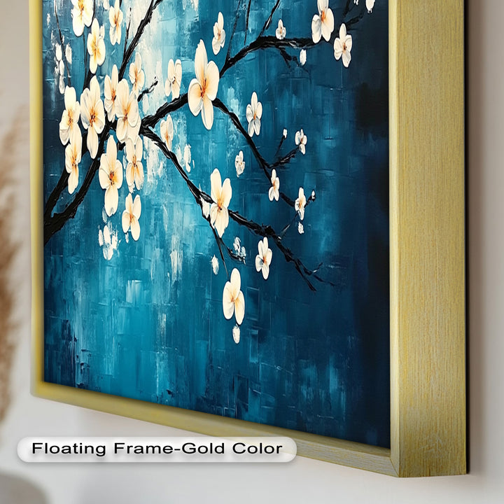 White Blossoms on Blue Wall Art – Floral Oil Painting