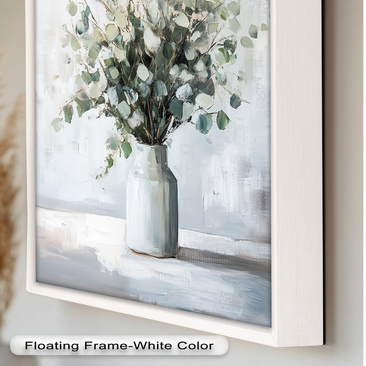 Eucalyptus Essence – Minimalist Greenery in Ceramic Vase Oil Painting