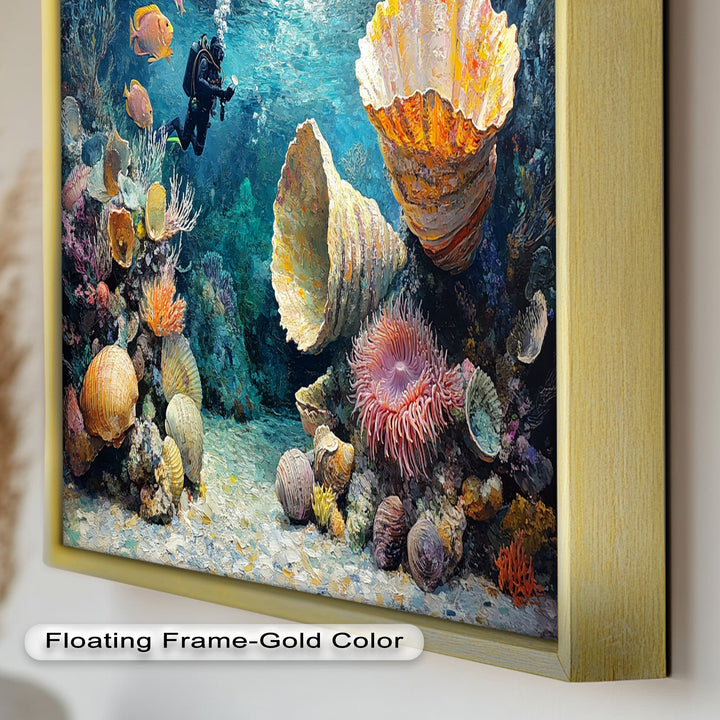 Diver Exploring Coral Reefs with Giant Shells - Animal Oil Painting