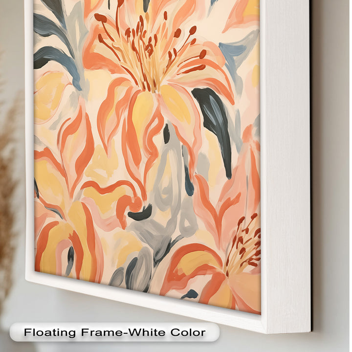 Sunlit Lilies – Abstract Coral Flower Oil Painting