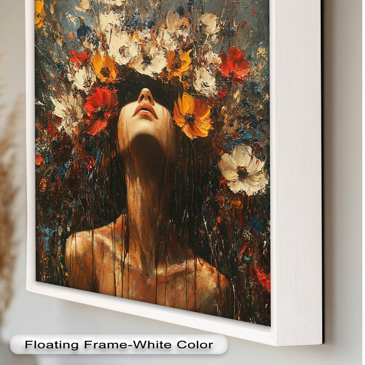 Floral Rebirth – Woman with Blossoming Crown Abstract Oil Painting