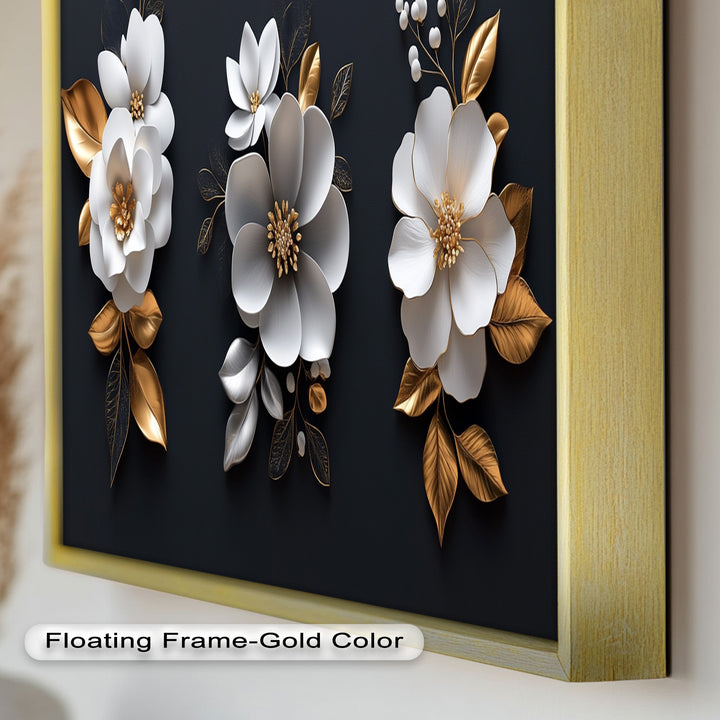 Elegantes Blumentrio – Modernes Ölgemälde in Weiß und Gold