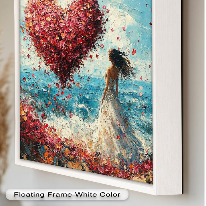 Woman with Heart-Shaped Petals Over the Sea - Love Oil Painting