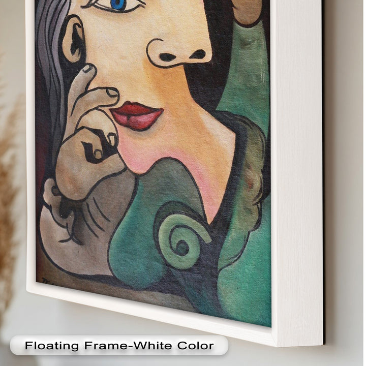 Whimsical Bloom – Surreale Frau mit gelber Blume Picasso Ölgemälde