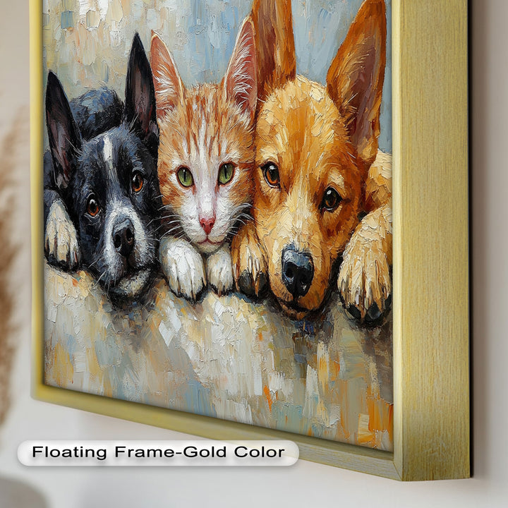 Cat and Dogs Resting Together - Animal Oil Painting