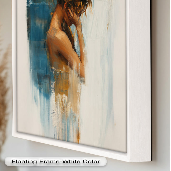 Veil of Thought – Introspective Woman in Blue and Gold Abstract Oil Painting