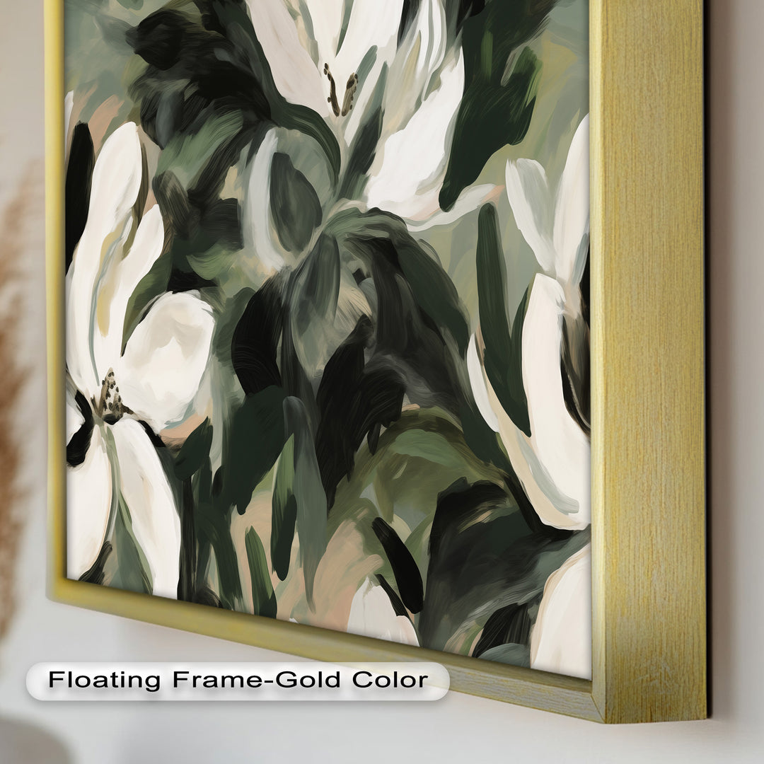 Cream Blooms in Forest Green - Flower Oil Painting