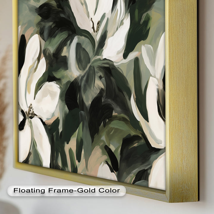 Cream Blooms in Forest Green - Flower Oil Painting