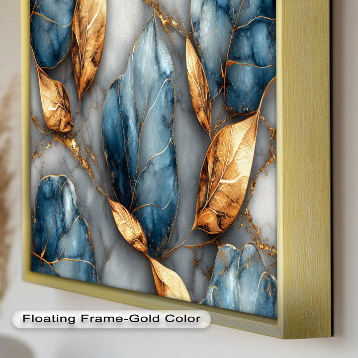 Golden Blue Marble Leaves – Botanical Oil Painting