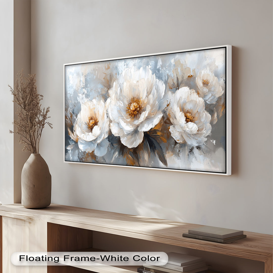 White Petals on Soft Neutral Background - Flower Oil Painting