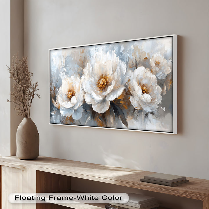 White Petals on Soft Neutral Background - Flower Oil Painting