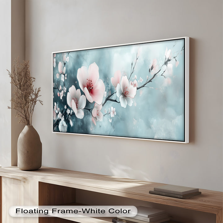 Soft Pink and White Petals on Tranquil Blue - Flower Oil Painting